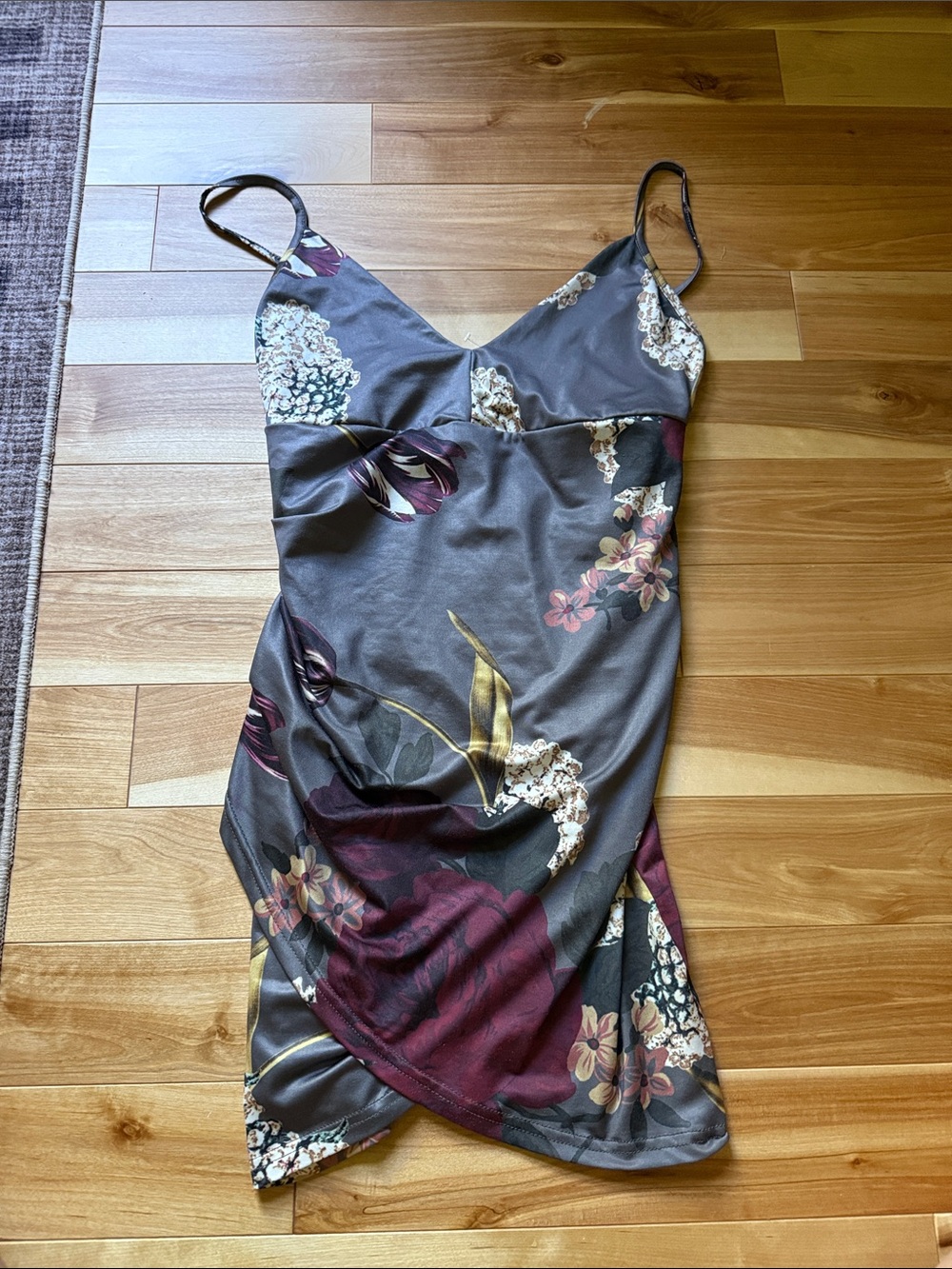 Floral Satin Slip Dress in Gray and Burgundy